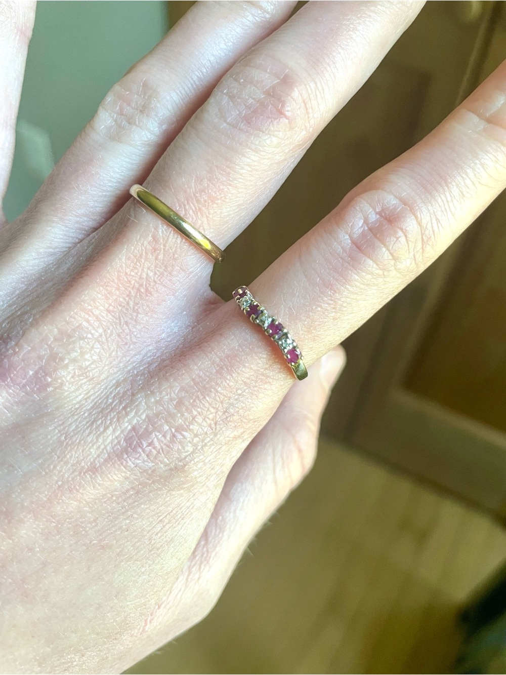 10K Yellow Gold, Diamond and Ruby Stacking Ring - Picture 2 of 6